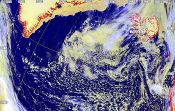 A satellite image of high pressure weather systems over Greenland