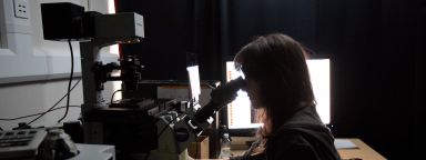 FoS Wolfson lab - microscope in dark with PhD student