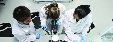 Three bioengineering students working around a microscope and taking notes