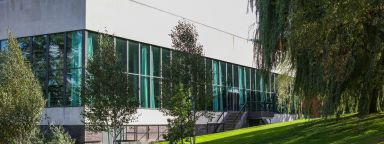 Sheffield University campus building with green space