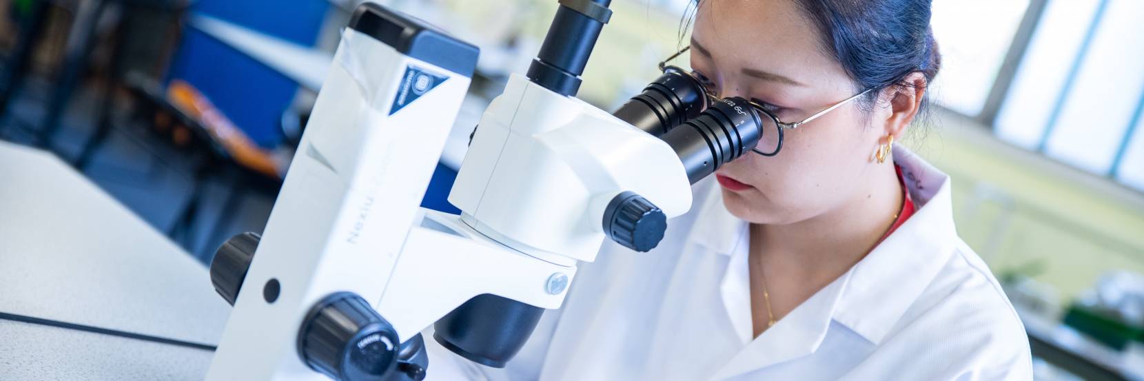 Student looks into microscope in lab
