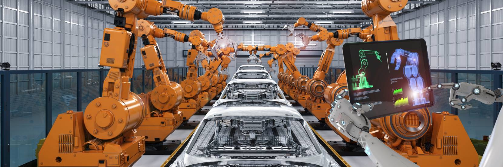 Robot arms and cars in manufacturing factory
