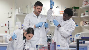 Group of three postgraduate students in the medical scool using medical equipment