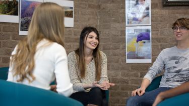 Urban studies students having a discussion in a room with posters