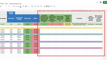 Example of Polopoly content audit spreadsheet with highlight.