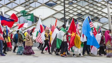 Parade with flags of the world in front of the diamond