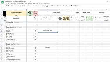 Content Status Spreadsheet - Content Page