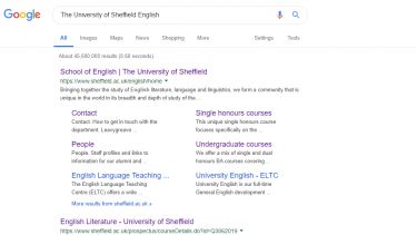 An example of what the Search Engine Results Page (SERP) for 'The University of Sheffield English'