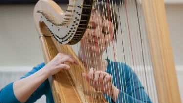A woman playing the harp