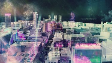 A futuristic neon cityscape 