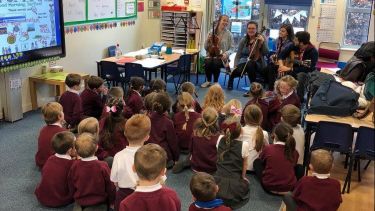 Students working with primary school children as part of Music in the City