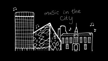 Black Logo white buildings