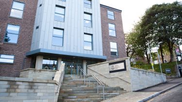 The Management School building from the front showing entrance