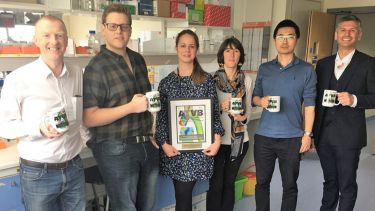 The team from the Paul Evans Lab with their winning entry on mugs. 