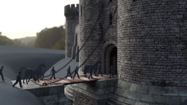 An augmented reality reconstruction of Sheffield Castle shows computer-generated figures crossing a drawbridge