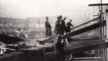 Archaeological investigation taking place at the Sheffield Castle site between 1929-1940.