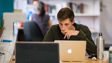 PhD student looking at laptop