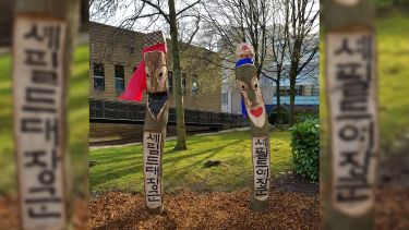 Traditional Korean totem poles on campus