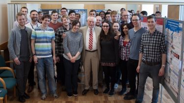 Professor Sir Fraser Stoddart with students in the Department of Chemistry.
