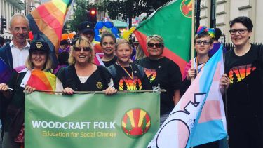 Pip with members of the Woodcraft Folk team at Pride