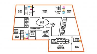 A map of The Diamond's fourth floor level. Various rooms can be seen including Flexi space and the study balcony.