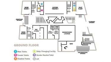A map of The Diamond's ground floor level. Various rooms can be seen, including lecture theatres and the Mindsphere Lounge. 
