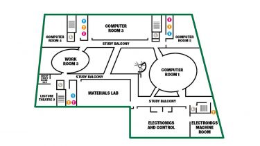 A map of The Diamond's second floor level. Various rooms can be seen including the Materials Lab and Electronics and Control.