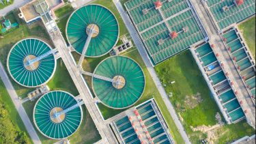 Aerial view of The Solid Contact Clarifier Tank type Sludge Recirculation in Water Treatment plant