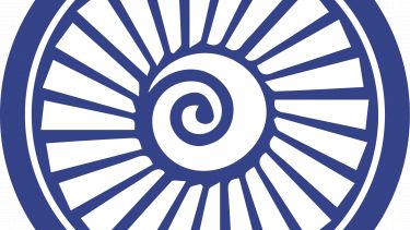 A blue circular icon with a turbine-like image