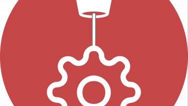 A circular orange icon with an image of a cog being extruded from a nozzle