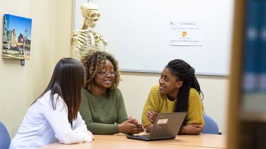 Three female students from the School of Health and Related Research have a discussion around a laptop. 