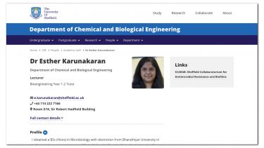 A screengrab of Dr Esther Karunakaran's staff profile on the Department of Chemical and Biological Engineering's website.