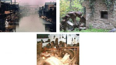 Shepherd Wheel, one of the earliest wheels on the river Porter; waterwheel on the Don in Sheffield; the polluted Don in central Sheffield.