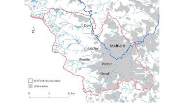 Close-up of Sheffield, including Sheffield's five rivers on a map.