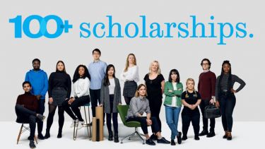 100+ scholarships. A group of postgraduate students stand below this headline.