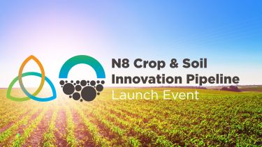 Picture of a field in sunlight with the words N8 Crop and Soil Innovation Pipeline launch event written in black