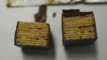 Section through caramel wafer chocolate bar