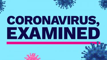 Header graphic image with blue and pink coronavirus cells on a pale blue background. Written on the image are the words coronavirus, examined in dark blue with a pink underline