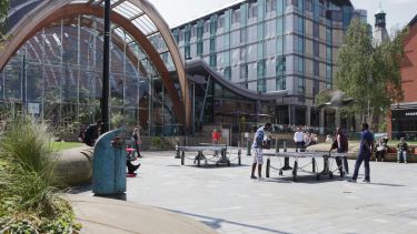 An outdoor photo of the Winter Gardens and Tudor Square in Sheffield