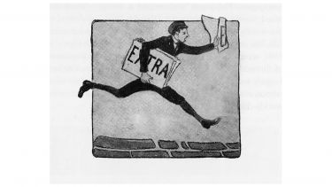 A cartoon of a young boy handing out newspapers. 