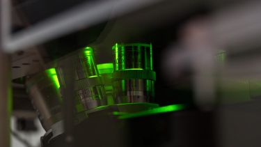 Close-up of a microscope in the Wolfson Light Microscopy Facility