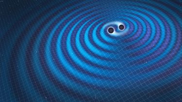 Illustration of two black holes orbiting each other, emitting gravitational waves.
