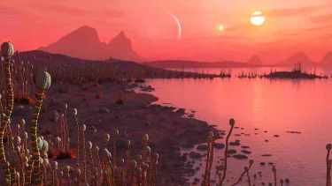 Artist’s impression of life on a planet in orbit around a binary star system, visible as two suns in the sky