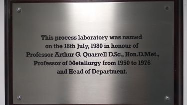 Plaque commemorating the naming of the Quarrell Laboratory in the Sir Robert Hadfield Building