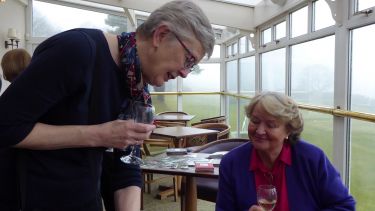 Two ladies chatting over a glass of wine