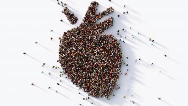 Human crowd forming a human heart symbol on white background