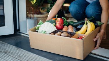 Cropped shot of young woman receiving a box of fresh organic food delivery at the front door.
