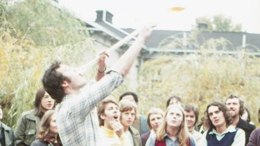 Drinking a yard of ale in the Students' Union garden