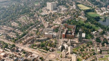 An aerial photo of campus from the 1990s