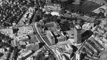 An aerial photo of campus from the 1970s